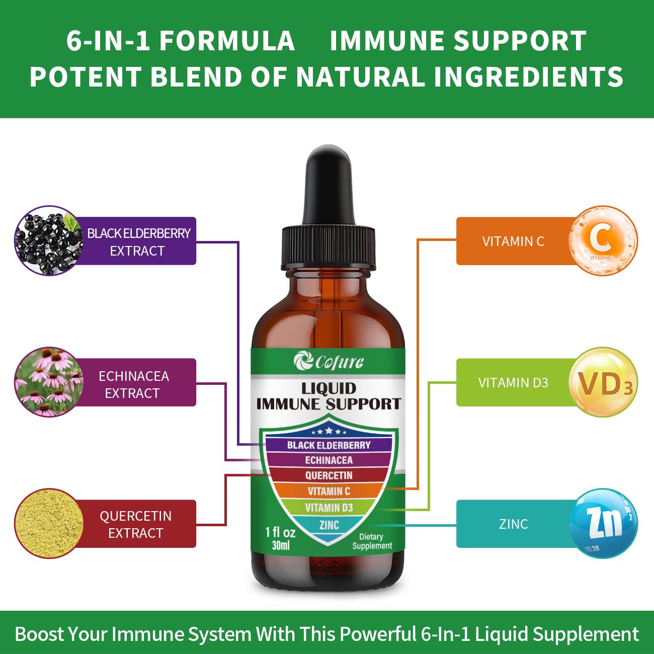Zinc Quercetin Vitamin C D3 Liquid Immune Support with Organic Echinacea & Elderberry – 1 Fl Oz