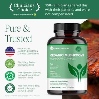 Pure Micronutrients Organic Mushroom Supplement - Immune Support, Nootropic Brain Memory, Focus & Energy - Lions Mane, Reishi, Chaga, Cordyceps & Turkey Tail - 60 Vegan, USA Grown