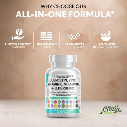 Clean Nutraceuticals Quercetin Zinc Vitamin C Vitamin D Bromelain Elderberry – Lung Immune Support for Adults