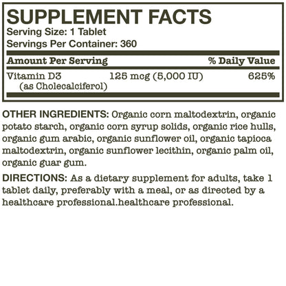 Futurebiotics Vitamin D3 5,000 IU (125 mcg) – USDA Organic, 360 Tablets