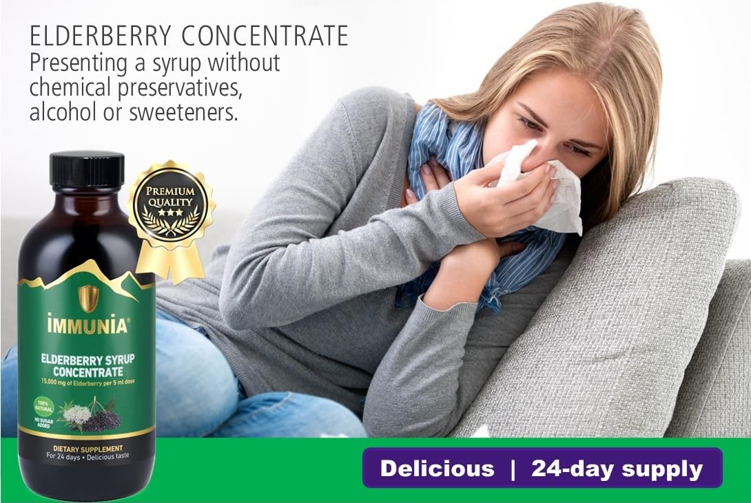 Immunia Elderberry Syrup – No Sugar Added, with Elderberry, Elderflower, Thyme & Peppermint | 24 Days per Bottle (1-Pack)