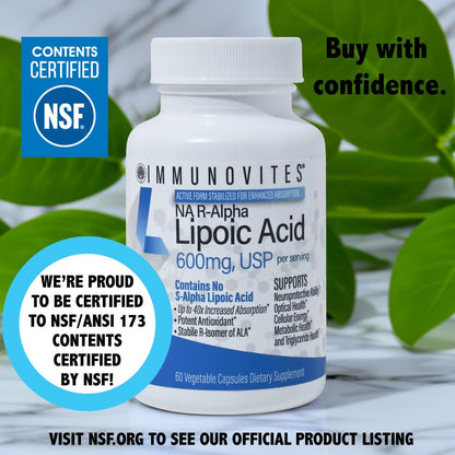 IMMUNOVITES Stabilized R-Alpha Lipoic Acid 600mg | Na R-ALA, High Potency