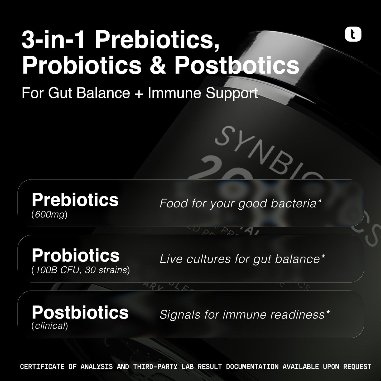 Toniiq Prebiotics and Probiotics – 200B TFU Synbiotic with IMMUSE and ButyraGen – 30 Strains – 60 Capsules