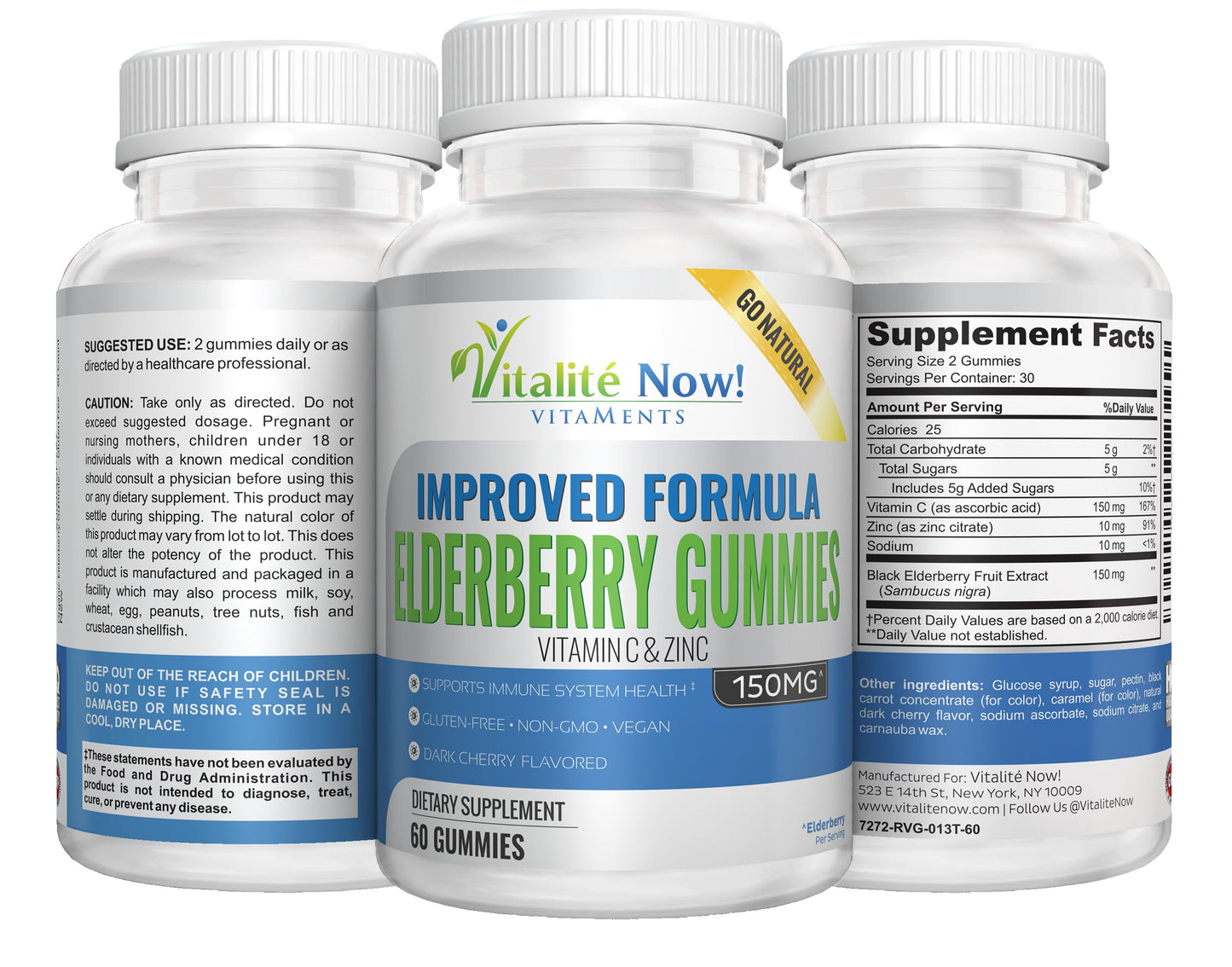 Improved Formula Organic Elderberry Gummies - USDA Certified - Vitamin C & Zinc - Chewable Sambucus - Immune System Support - Vegetarian & Vegan - Dark Cherry Flavored - Gluten Free - Non-GMO