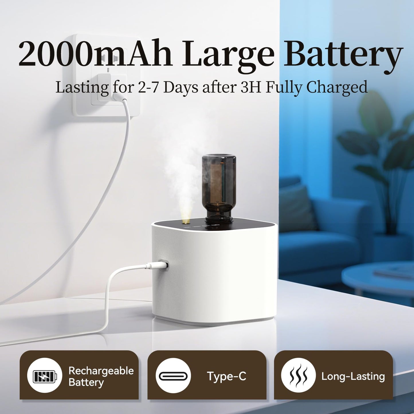Waterless Portable Essential Oil Diffuser – Battery-Operated Mini Diffuser with 3 Mist Modes, 10ml Oil Included (White)