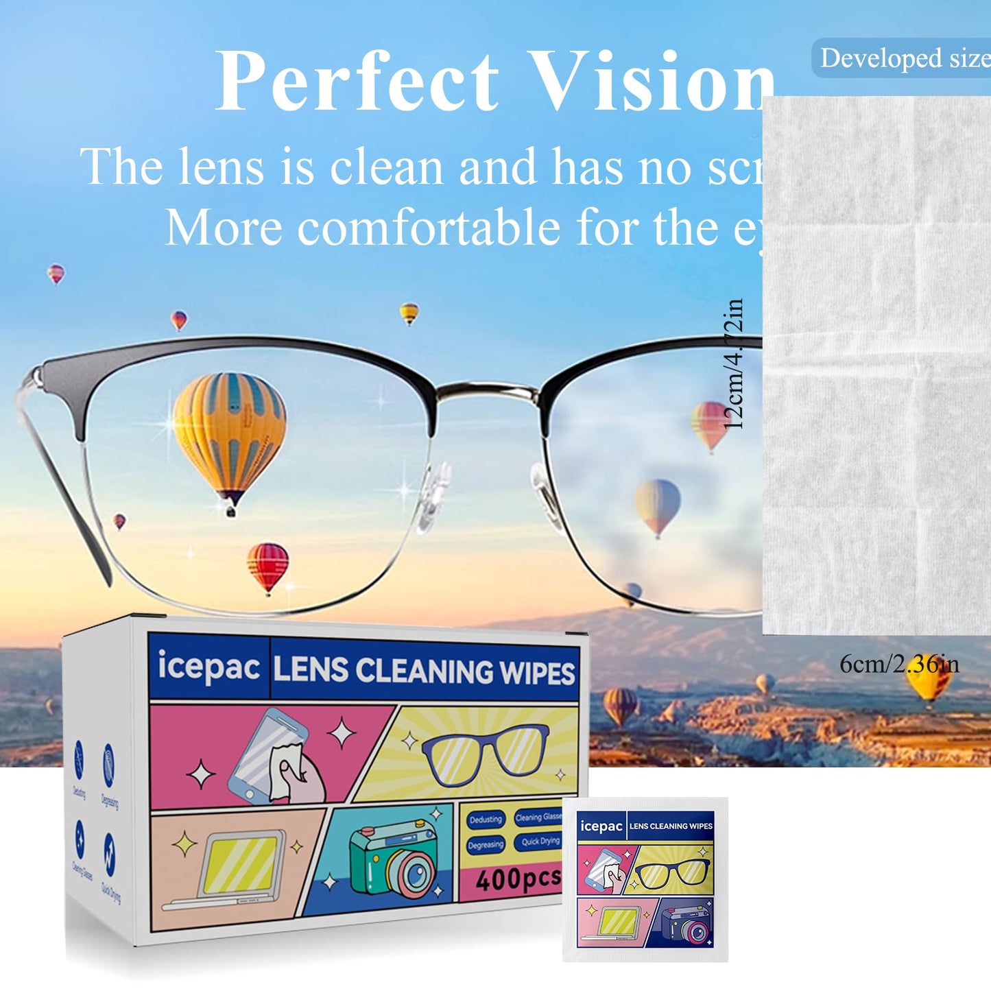 Glasses Wipes Lens Cleaner – 400 Pre-Moistened Wipes | Safe Cleaning for Glasses, Screens & Lenses