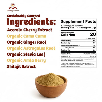 Infinity-C Organic Whole-Food Vitamin C Powder – 1000mg, Acerola, Camu Camu & Amla (30 Servings)