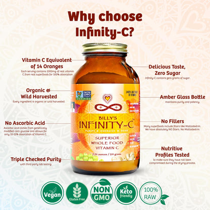 Infinity-C Organic Whole-Food Vitamin C Powder – 1000mg, Acerola, Camu Camu & Amla (30 Servings)