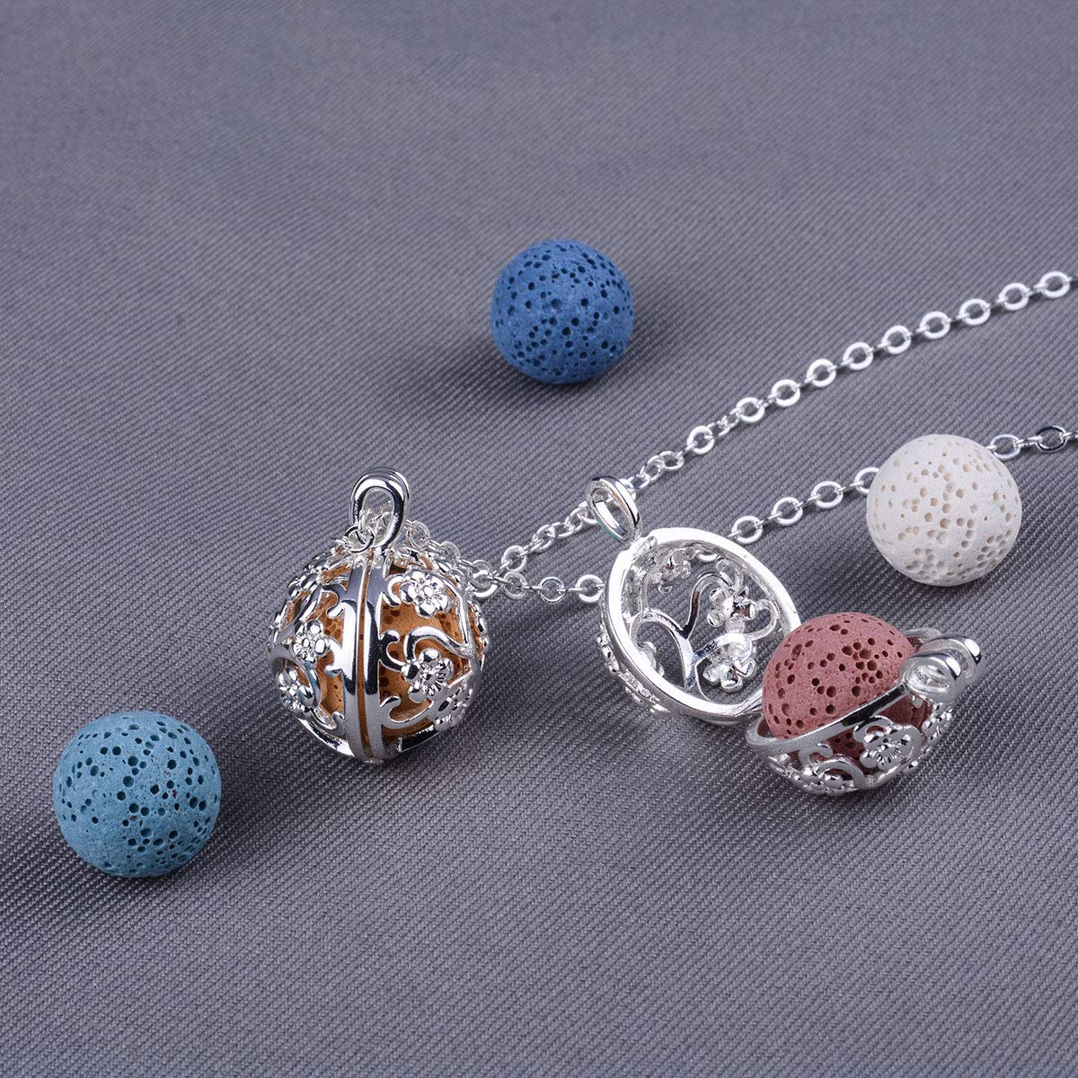 INFUSEU Sakura Tree Aromatherapy Necklace - Diffuser Locket Pendant with 7 Lava Stones and 24-inch Chain