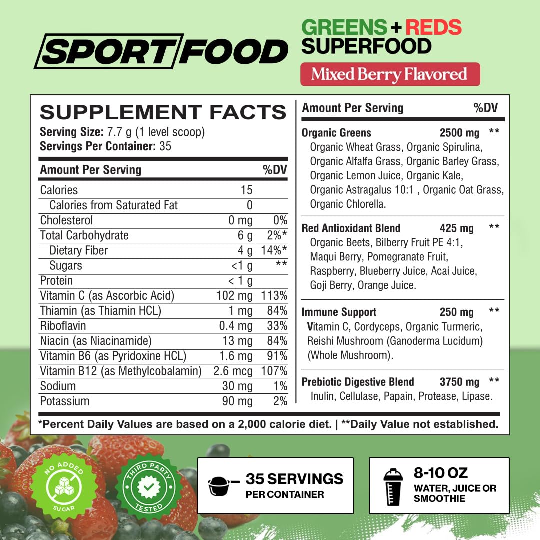 Sport Food Greens & Reds Superfood Powder – Mixed Berry (35 Servings) | 25+ Super Fruits & Veggies