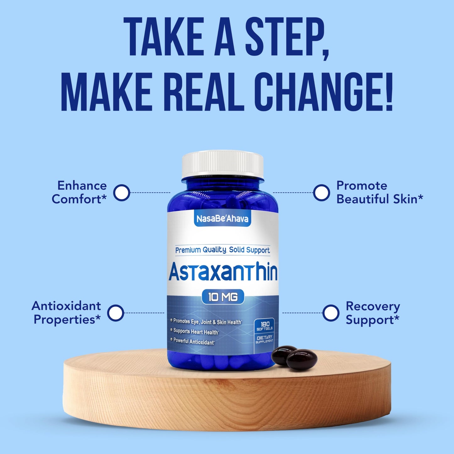 Astaxanthin 10mg Supplement for Eye & Skin Health | Haematococcus Pluvialis Microalgae | 180 Day Supply