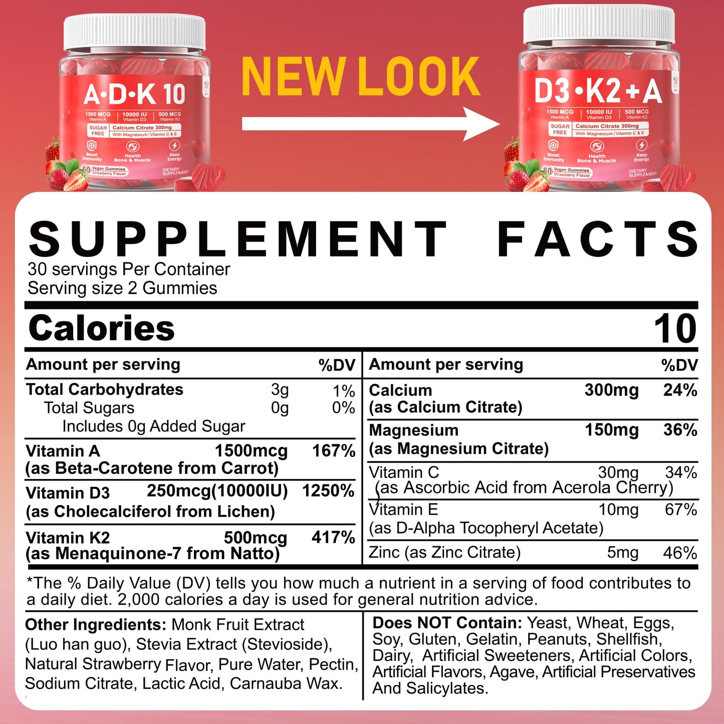 Vitamin D3 K2 A Gummies 5000IU / 10,000IU – 8-in-1 Vegan Calcium Magnesium Zinc | 2 Packs