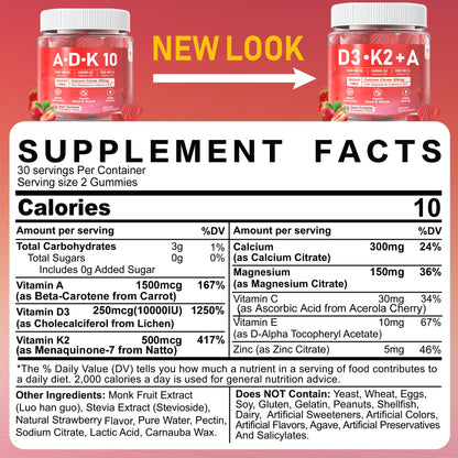 Vitamin D3 K2 A Gummies 5000IU / 10,000IU – 8-in-1 Vegan Calcium Magnesium Zinc | 2 Packs