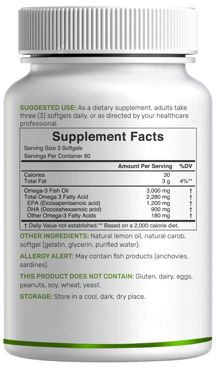 DEAL SUPPLEMENT Omega 3 Fish Oil – 3,000 mg per Serving, 240 Softgels, Burpless Lemon