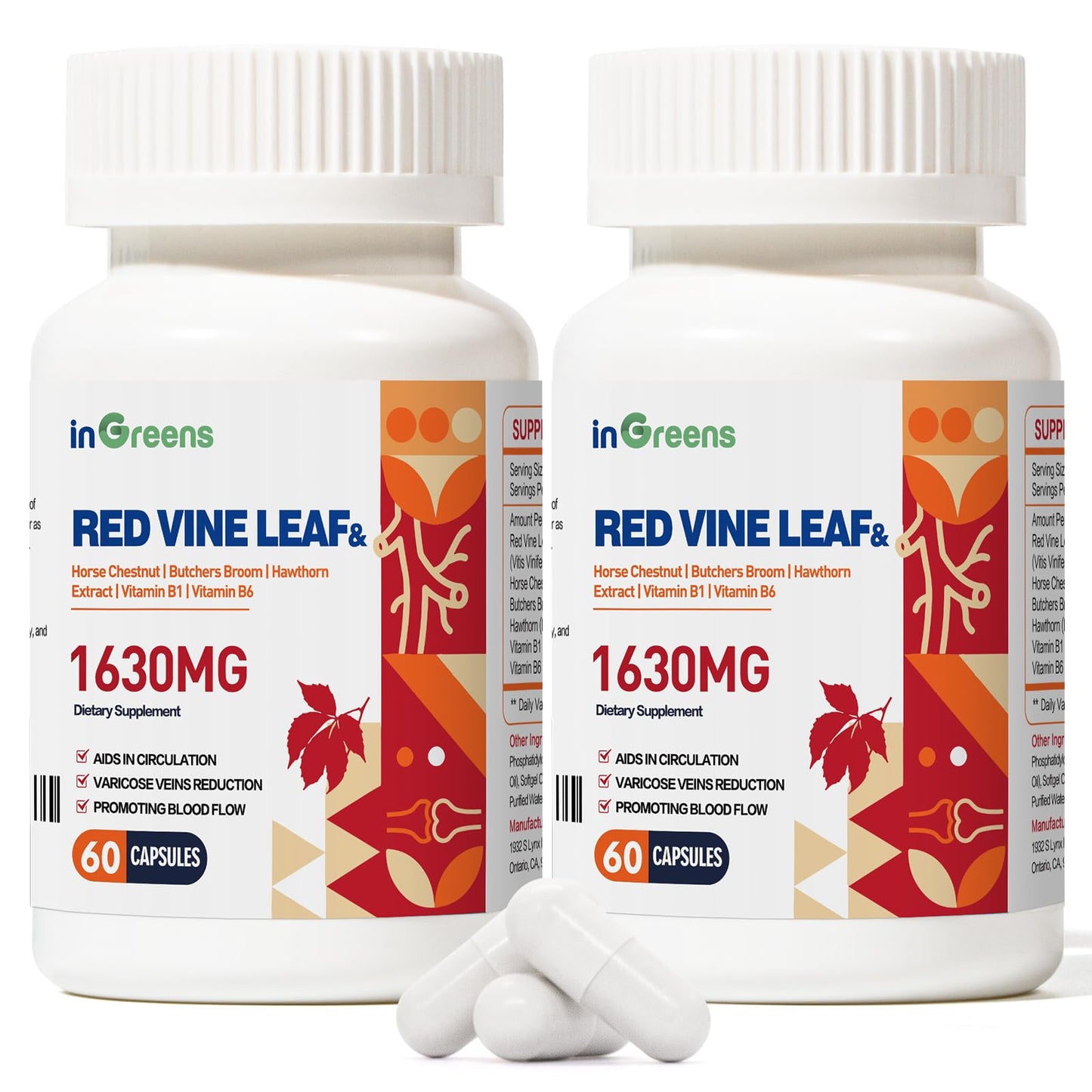 inGreens 1630mg Red Vine Leaf Extract - Varicose Veins & Circulation Support - 2 Pack - Made in USA