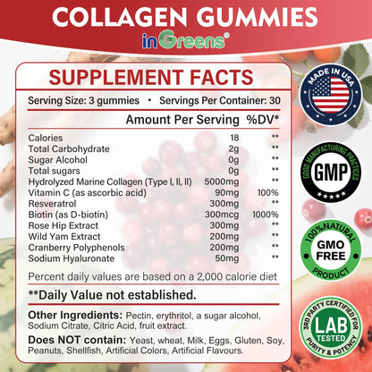 inGreens Collagen Gummies 5000mg – Sugar Free, Biotin, 90 Count