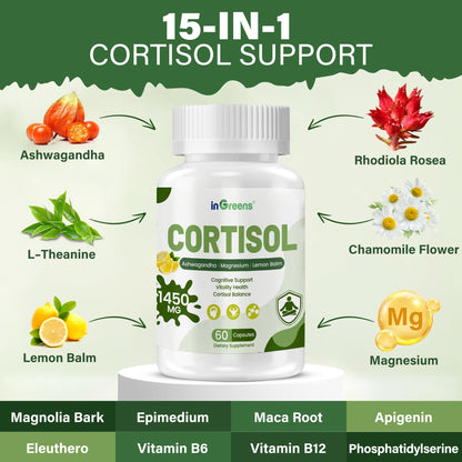inGreens Cortisol Supplement – 15-in-1 Manager with Ashwagandha, L-Theanine & Magnesium (60 Capsules)