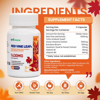 inGreens 1630mg Red Vine Leaf Extract - Varicose Veins & Circulation Support - 2 Pack - Made in USA