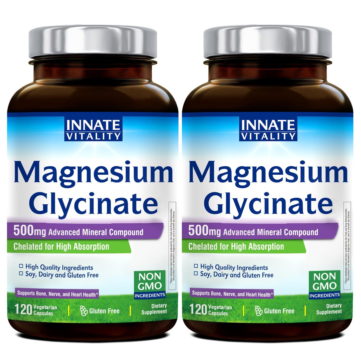 Innate Vitality Magnesium Glycinate 500mg – 70mg Elemental Magnesium, High Absorption | Non-GMO, Gluten-Free | Supports Nerve, Heart & Bone Health | 240 Vegan Capsules