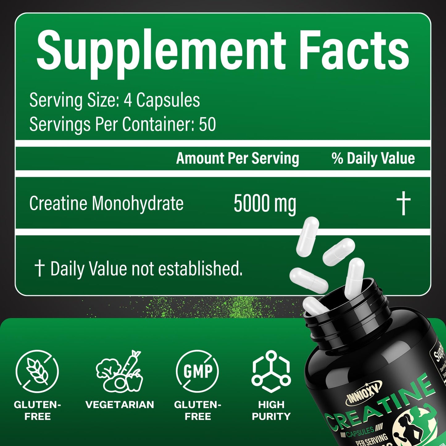 INNIOXV Creatine Monohydrate Capsules – 5000mg/Serving, 50 Servings, Gluten Free
