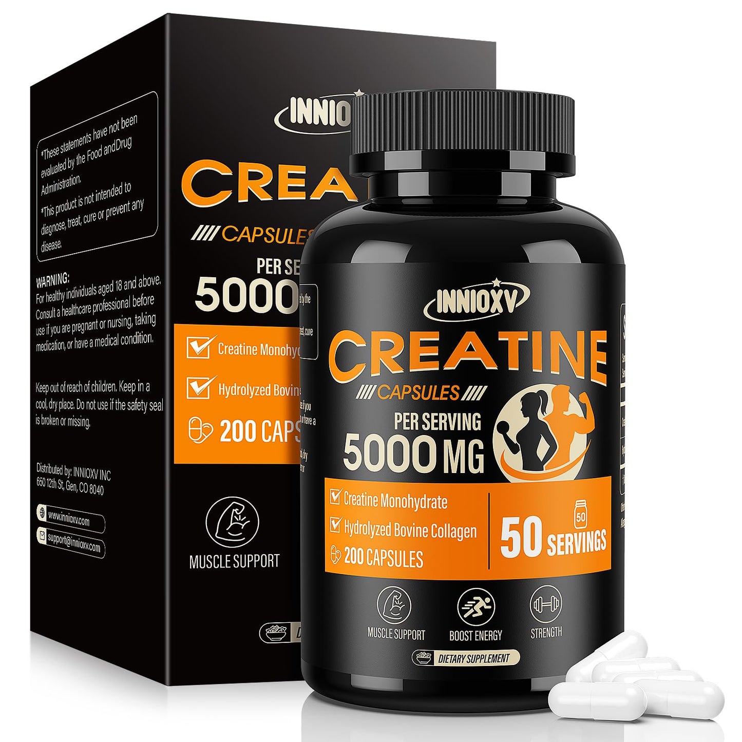 INNIOXV Creatine Monohydrate Capsules – 5000mg per Serving, with Hydrolyzed Collagen, Gluten Free