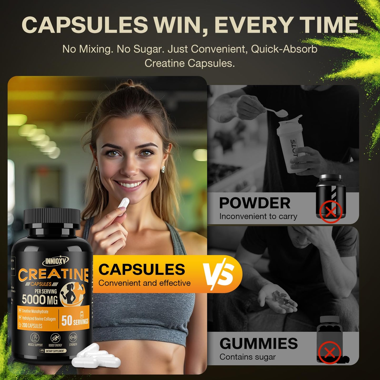 INNIOXV Creatine Monohydrate Capsules – 5000mg per Serving, with Hydrolyzed Collagen, Gluten Free