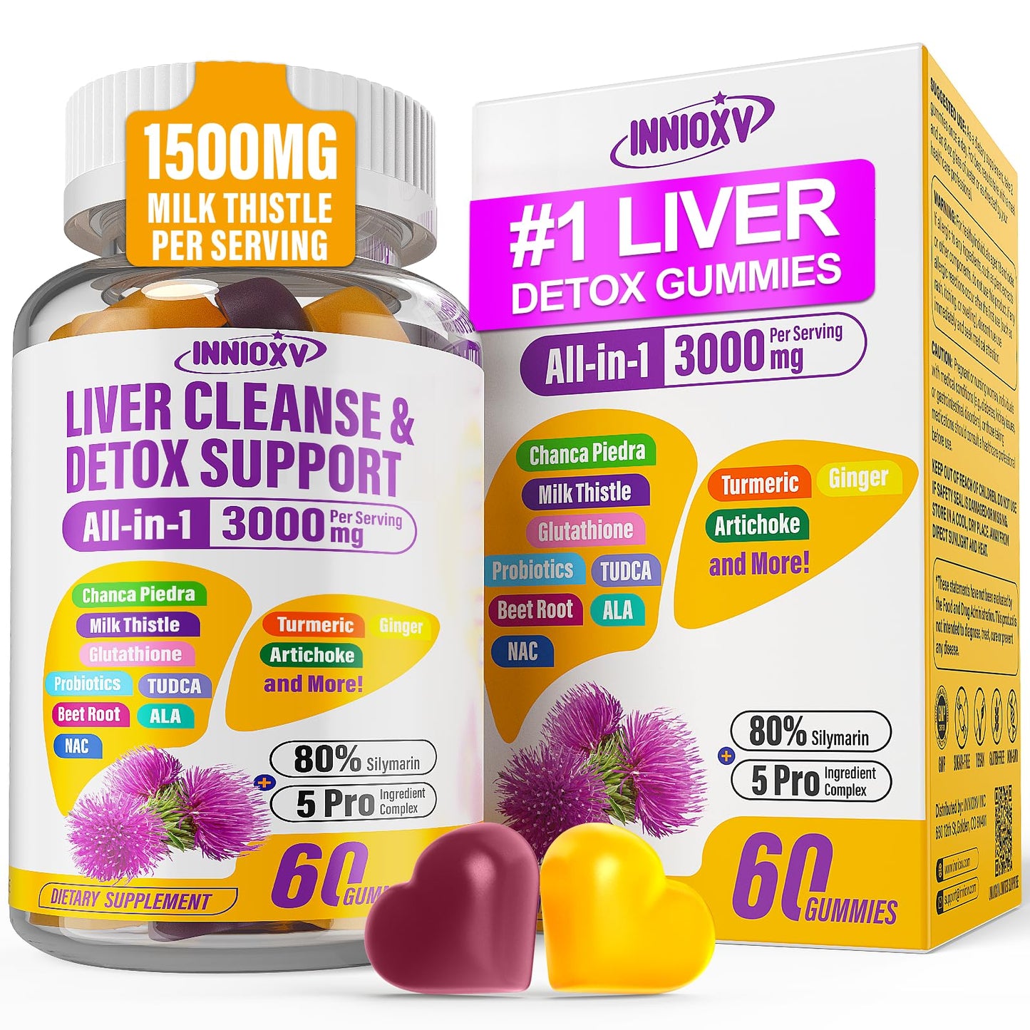 INNIOXV Liver Cleanse Detox Gummies - 29-in-1 Milk Thistle 1500mg, Vegan NAC TUDCA | 60 ct