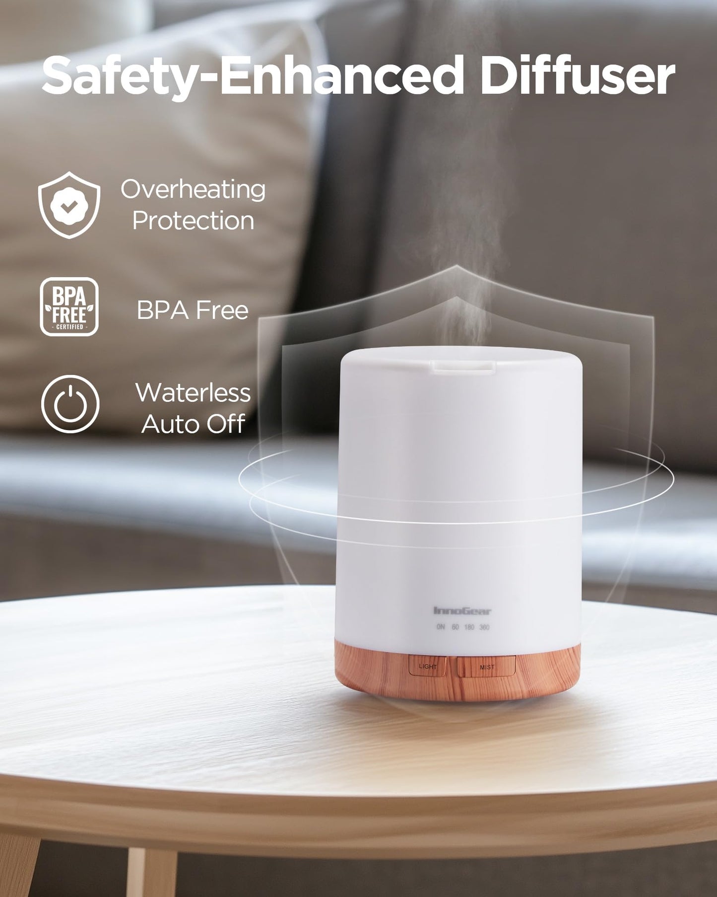 InnoGear 300ML Essential Oil Diffuser – 5-in-1 Ultrasonic, Auto-Off, Yellow