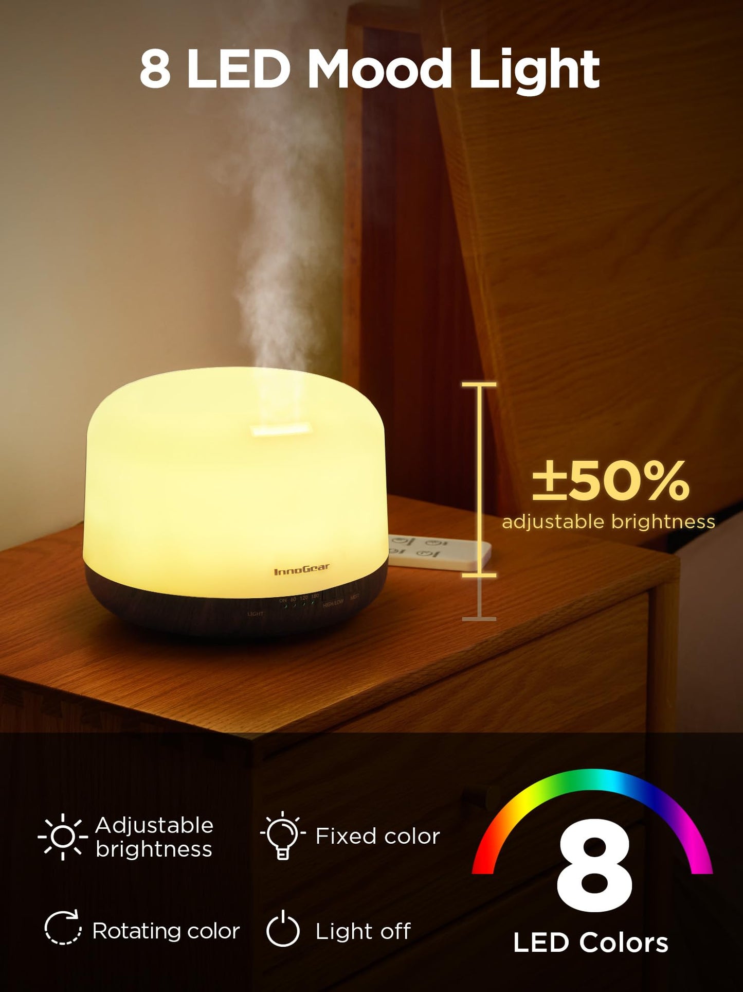 InnoGear 500ml Essential Oil Diffuser with Remote – Ultrasonic Humidifier (Brown)