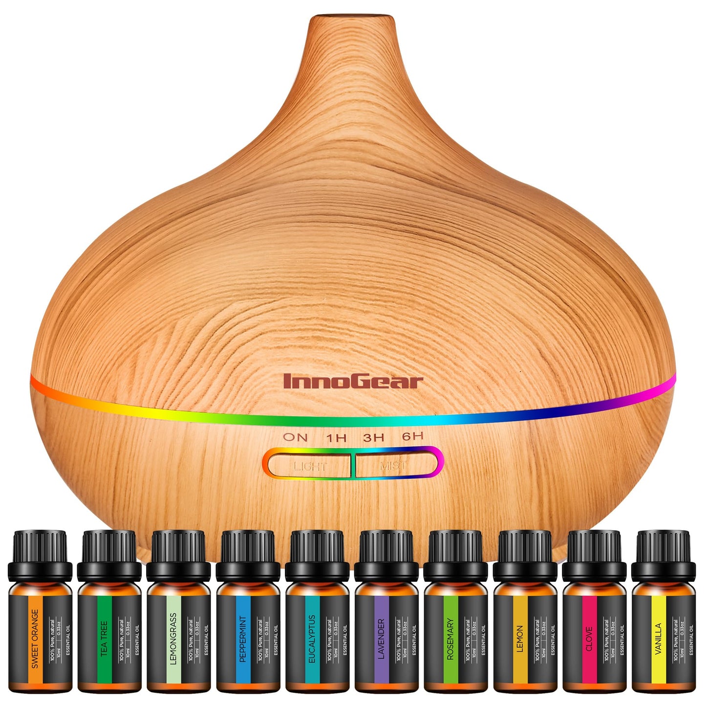 InnoGear Aromatherapy Diffuser + 10 Essential Oils Set – 400ml Ultrasonic Diffuser, 7-Color LED, Auto Off