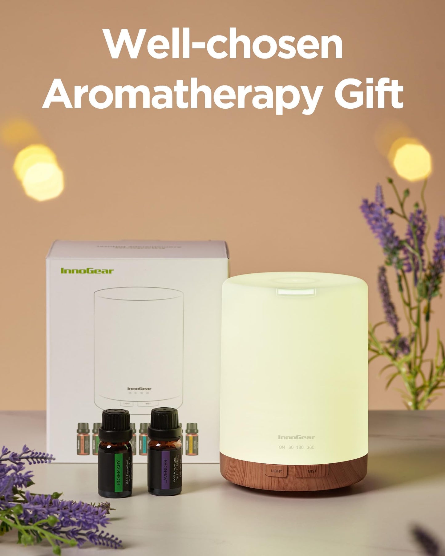 InnoGear Aromatherapy Diffuser & 8 Essential Oils Set – 300ml Ultrasonic 5-in-1 Diffuser, Yellow