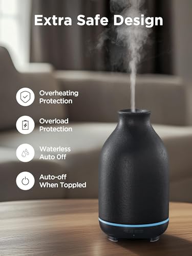 InnoGear 150ml Ceramic Essential Oil Diffuser – Handcrafted Ultrasonic Diffuser, 2 Mist Modes, Auto Off, Black