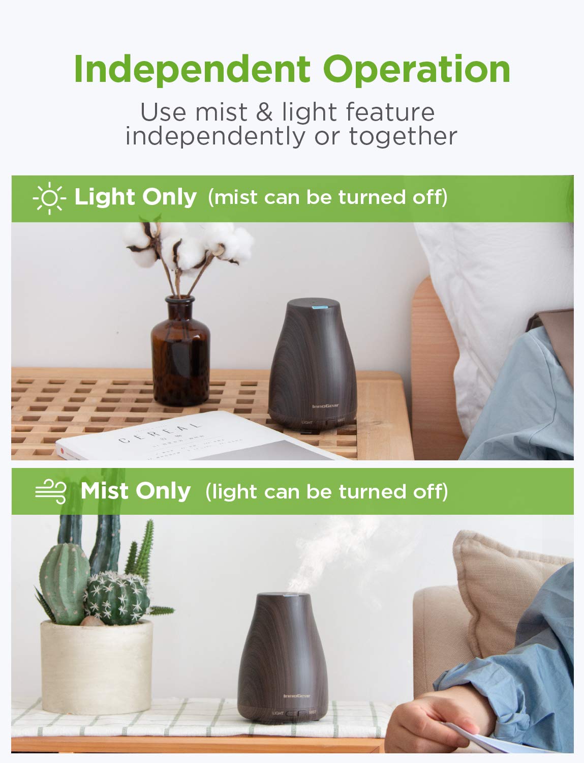 InnoGear Essential Oil Diffuser – Ultrasonic Diffuser for Home Aromatherapy, 7-Color LED, Auto Off, 2 Mist Modes, Brown