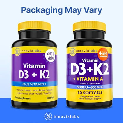 InnovixLabs Vitamin D3 K2 5000 IU + 600 mcg K2 MK4/MK7 - 60 Softgels
