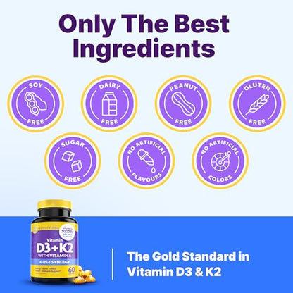 InnovixLabs Vitamin D3 K2 5000 IU + 600 mcg K2 MK4/MK7 - 60 Softgels