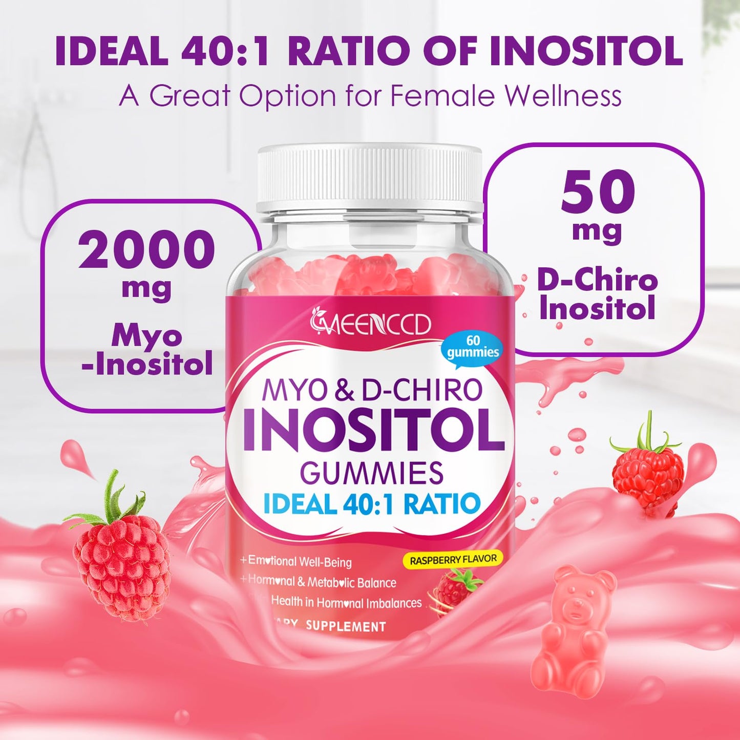 Myo-Inositol & D-Chiro Inositol Gummies 40:1 – Women’s Health, Raspberry, 60 Count