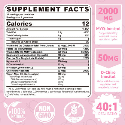 Myo-Inositol & D-Chiro Inositol Gummies for Women – 40:1 Ratio, Sugar-Free, 120 Ct