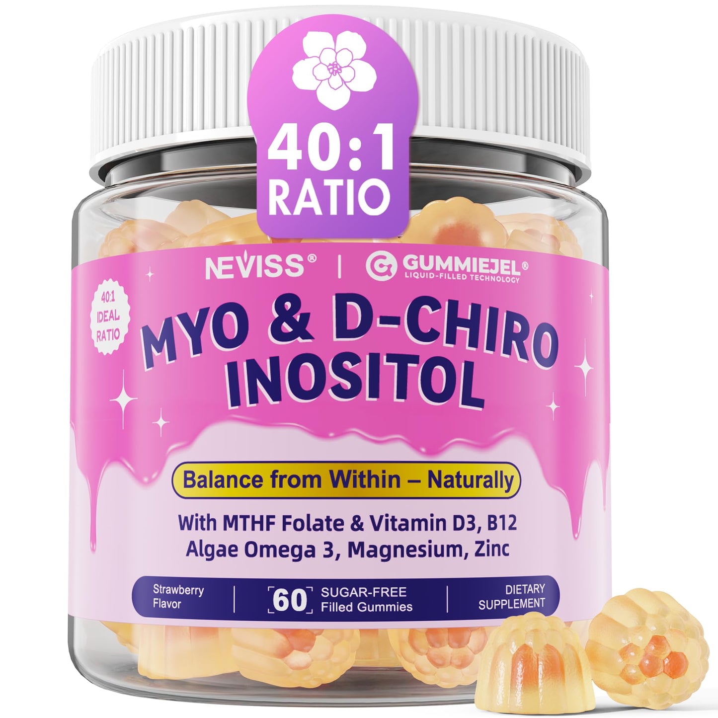 Myo-Inositol & D-Chiro Inositol Gummies for Hormone Balance – Sugar Free, 40:1 Ratio, Vegan, Ovarian Health (60 Cts)