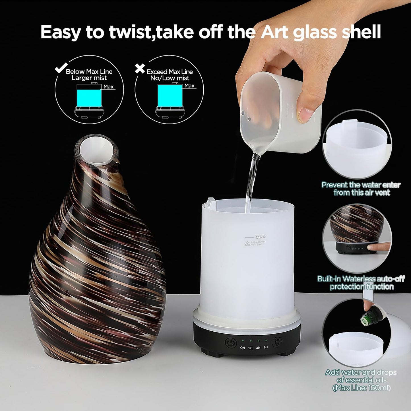 INRORANS Aromatherapy Diffuser Vase – Art Glass Ultrasonic Humidifier with Night Light