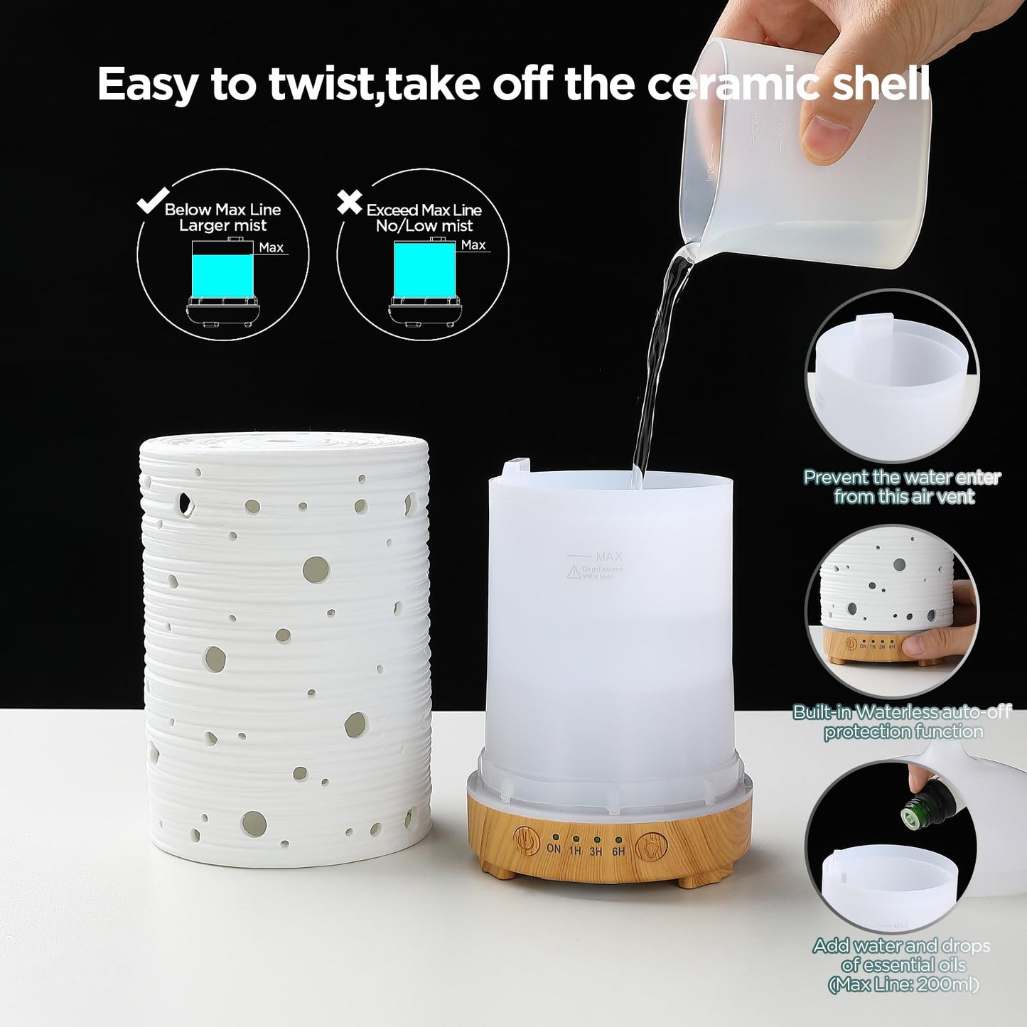 INRORANS Ceramic Aromatherapy Diffuser – Ultrasonic Stone Diffuser with Intermittent Mist & 7-Color LED Night Light