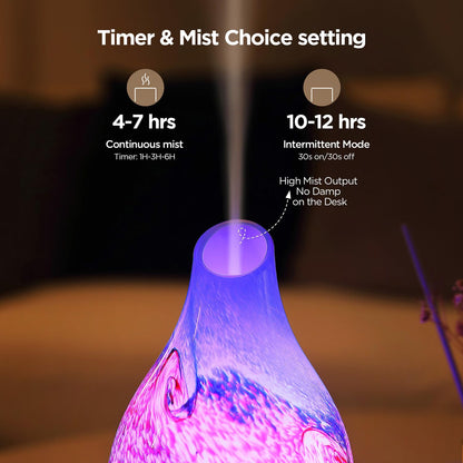 INRORANS Vase Diffuser 160ml – Art Glass Ultrasonic, Auto Shut-Off, 7 LED Colors