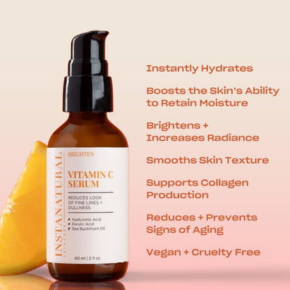 InstaNatural Vitamin C Serum with Hyaluronic Acid & Ferulic Acid — Brightening & Hydrating Formula | 2 FL Oz