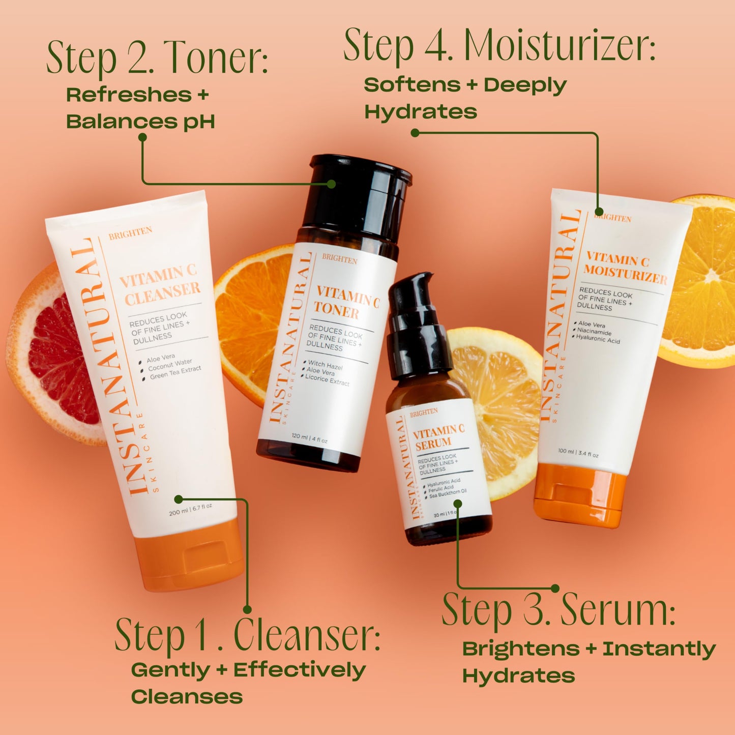 InstaNatural Vitamin C Serum with Hyaluronic Acid & Ferulic Acid — Brightening & Hydrating Formula | 2 FL Oz