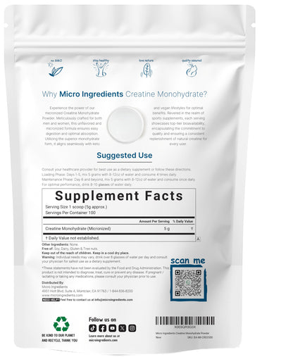 Instant Creatine Monohydrate Powder 500g – 5g/Serving, Unflavored, Keto & Vegan