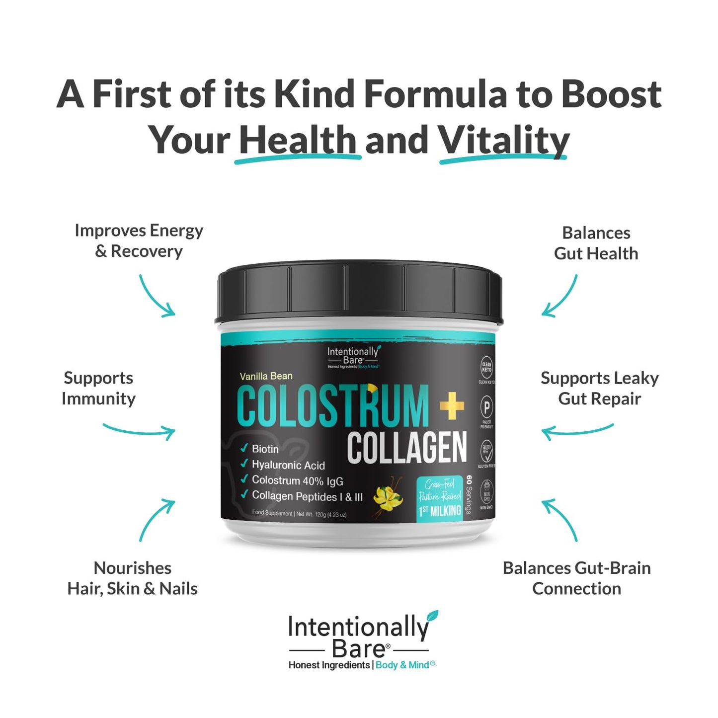 Intentionally Bare Colostrum & Collagen Powder – Vanilla Bean, Grass-Fed, 60 Servings