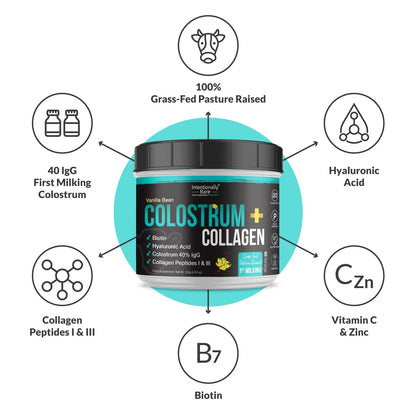 Intentionally Bare Colostrum & Collagen Powder – Vanilla Bean, Grass-Fed, 60 Servings