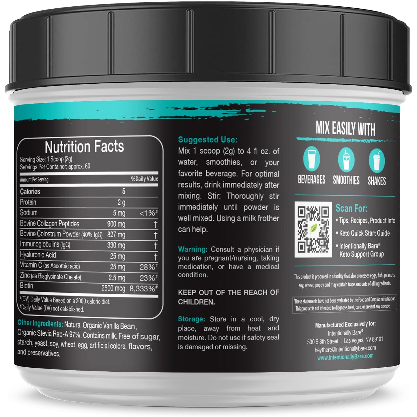 Intentionally Bare Colostrum & Collagen Powder – Vanilla Bean, Grass-Fed, 60 Servings