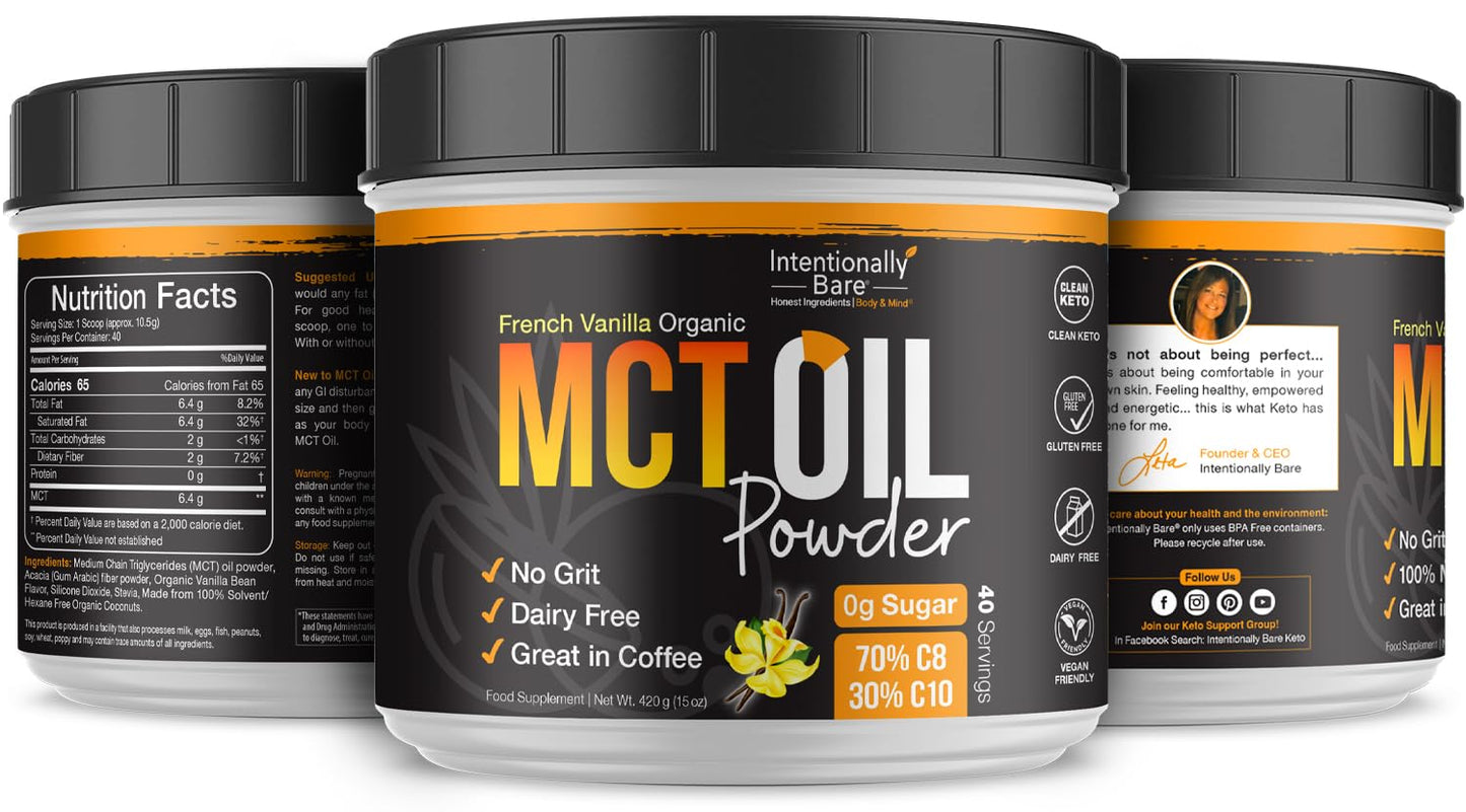 Intentionally Bare MCT Oil Powder French Vanilla Coffee Creamer – C8/C10 Keto Energy, 40 Servings