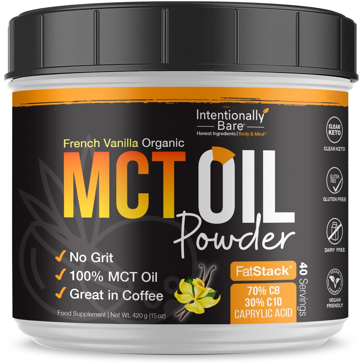 Intentionally Bare MCT Oil Powder French Vanilla Coffee Creamer – C8/C10 Keto Energy, 40 Servings