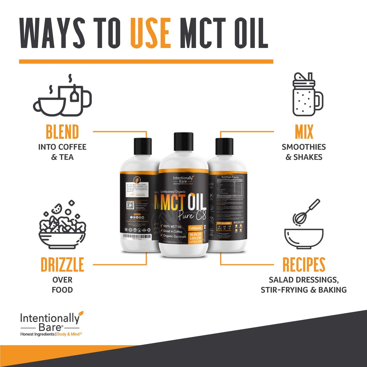 Intentionally Bare Pure C8 MCT Oil Organic – Brain Octane MCT Oil for Keto, Vegan & Paleo Diets – Unflavored 32oz